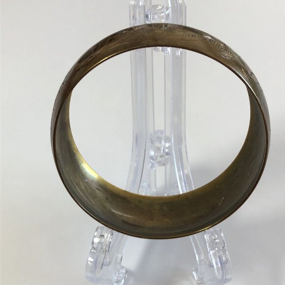 Brass Bangle Bracelet Etched Leaves & Flowers Natural Patina Unpolished IN - Picture 5 of 14